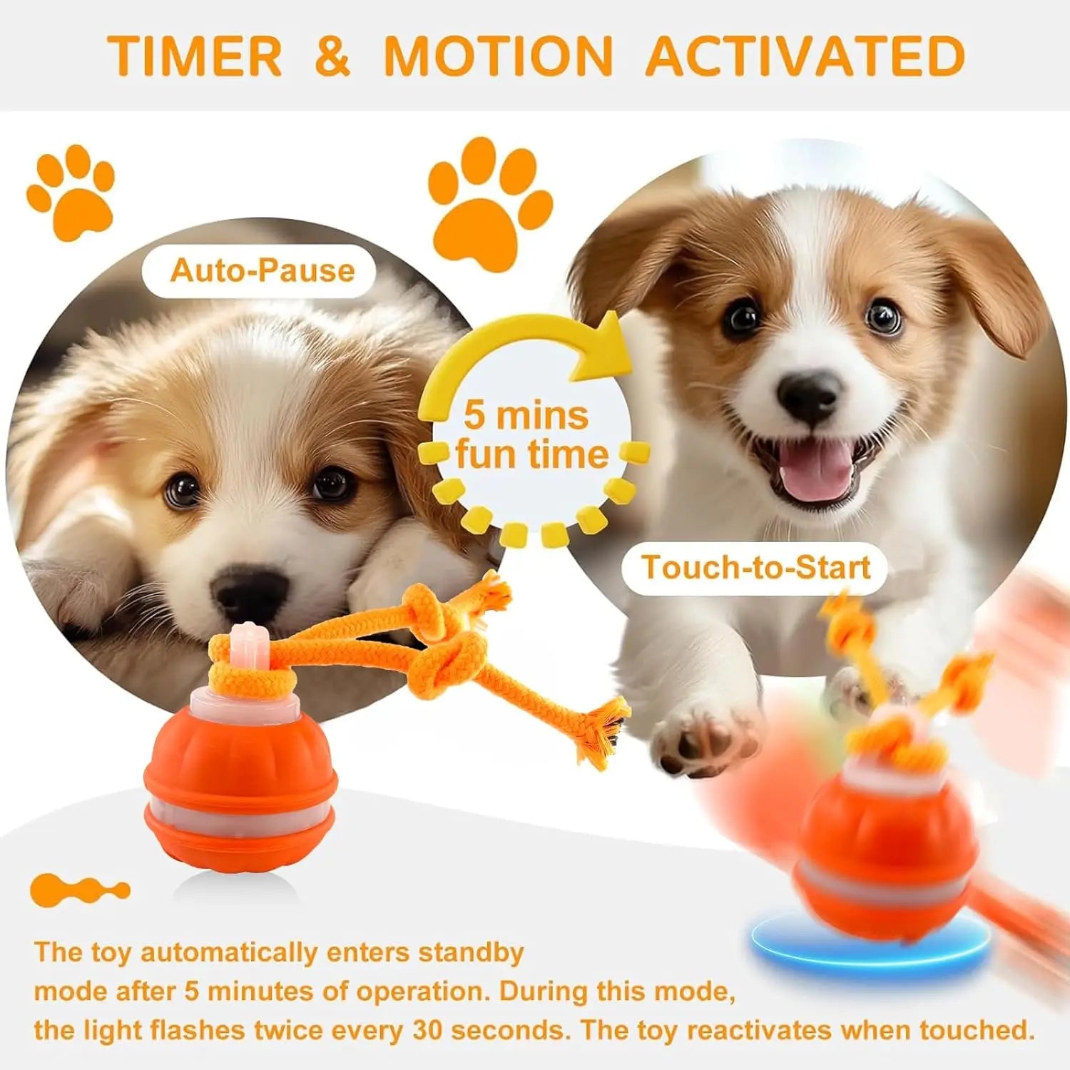 Interactive Dog Toy Ball with Rope Electronic Motion Activated Rolling Ball for Indoor Cat Dog Play Toys for Puppy Training Ball