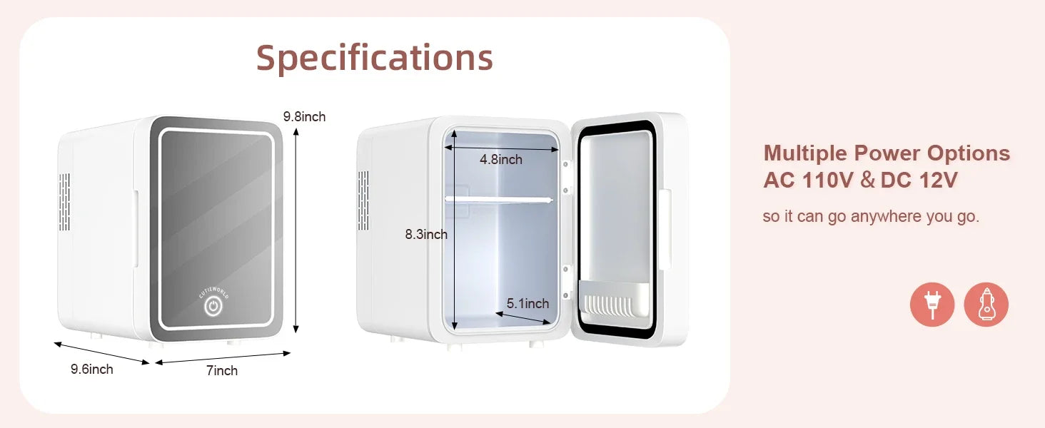 Skincare Fridge with Dimmable LED Light Mirror, 4L Makeup Mini Fridge for Bedroom, Car