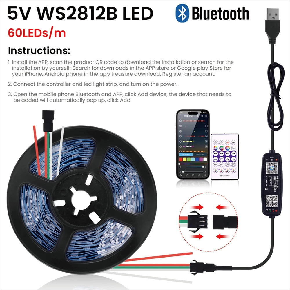 WS2812B RGB LED Strip USB Bluetooth Music Controller 28Keys Kit Individually Addressable Smart LED Strip 30/60/74/96/144Leds/m