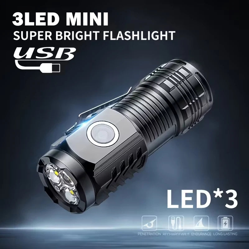 Mini 3LED Flashlight With Pen Clip，Night Walking, Portable Brightness,Rechargeable Waterproof Emergency Spotlight Outdoor Torch
