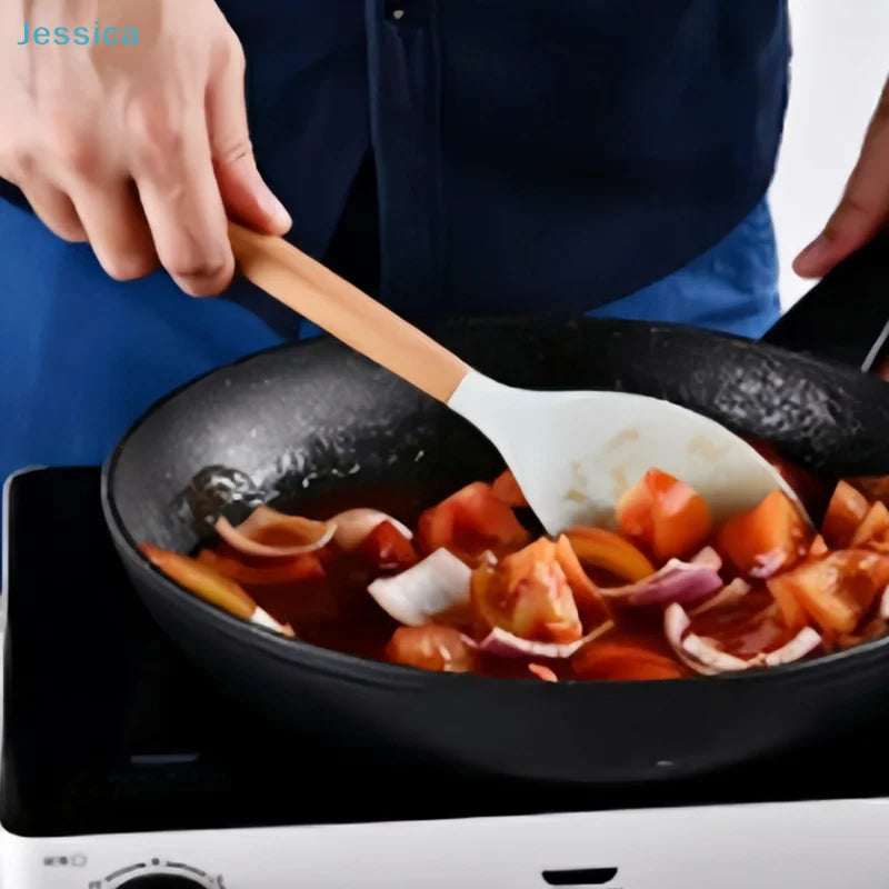 ♥Silicone Cooking Utensils with Wooden Handle – Heat-Resistant Spatula & Spoon for Non-Stick Pans