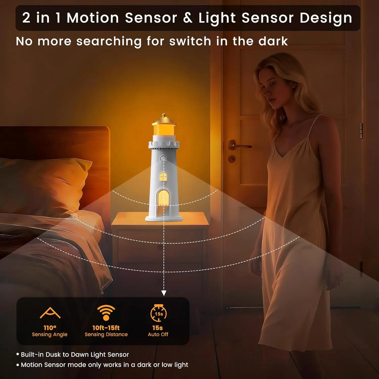 Moonlight Projection Lamp, LED Night Lamp Lighthouse, Motion Sensor Moon Lamp Projector Night Light, Bedside Lamp Dimming, USB R