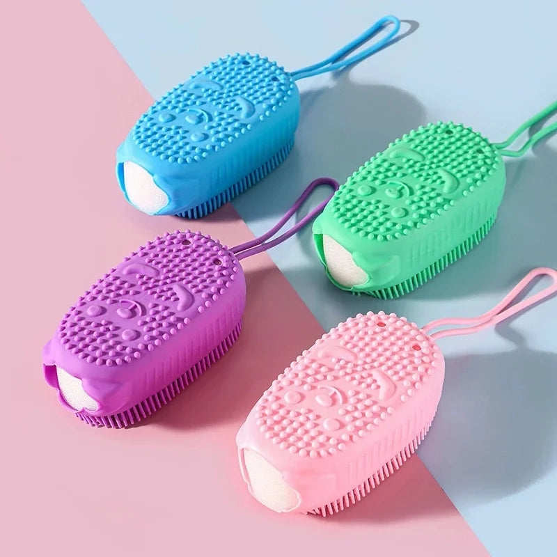 Double Side Silicone Bubble Bath Body Brush with Soap Storage Sponge Massage Scalp Scrubber Skin Clean Exfoliating