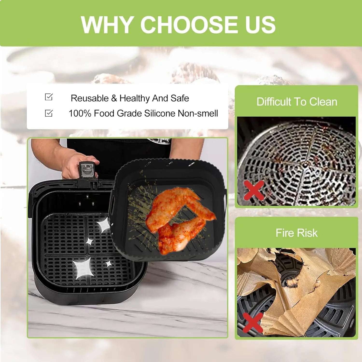 Air Fryer Accessories Set of 22CM Square Silicone Air Fryer Molds for Phi XL 6.2L, COSORI 5.5L, 4.7L, Cecotec 5.5L, 6L Air Frye