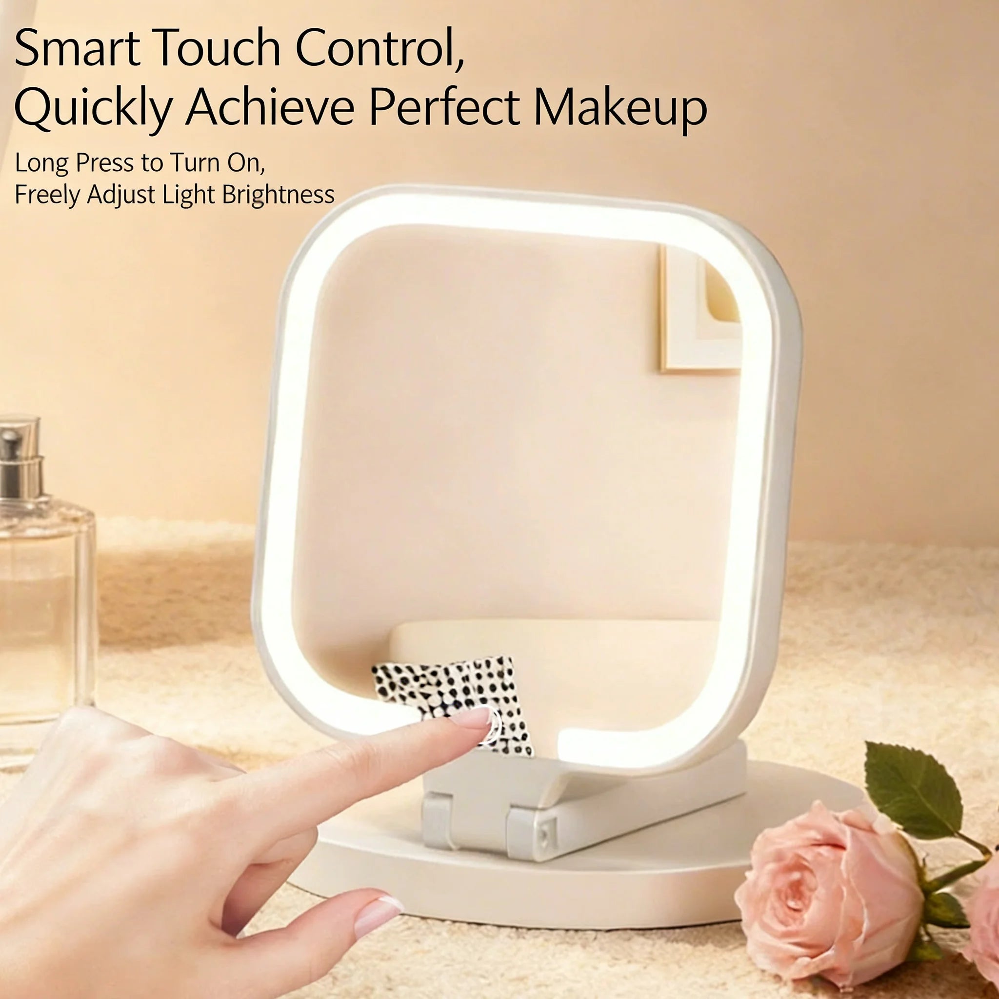 3 Color Dimmable LED Makeup Mirror,180° Foldable Touch Control,Rechargeable Portable Vanity Mirror for Handheld,Tabletop&Travel