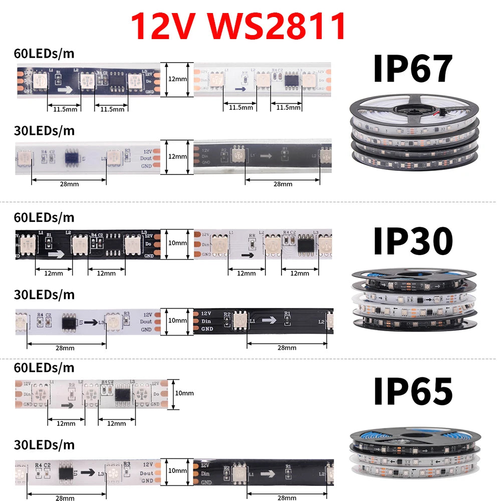 WS2812B WS2811 WS2813 WS2815 5050 RGB Smart LED Strip 5V 12V WS2812 Light Individually Addressable IC 30/60/144Pixels/Leds/m DC