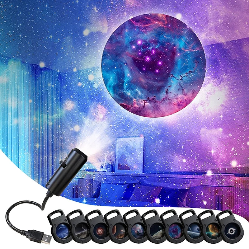 NEW 360° Rotating Starry Sky Projector, 1 Light + 10 Film Discs Galaxy Lamp, Adjustable Focus with Timer, Perfect Night Light