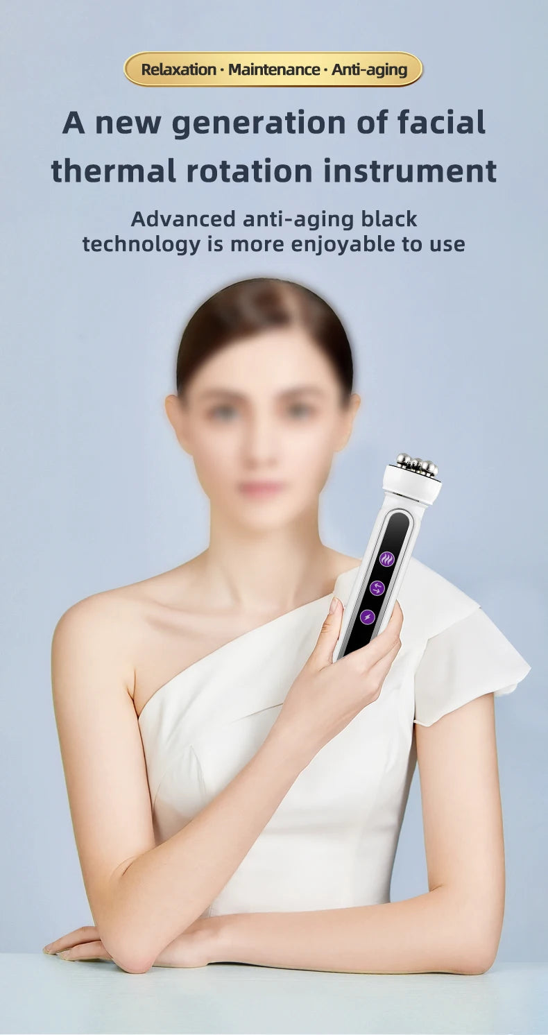 Micro Current Beauty Device Facial Roller Massager EMS LED Phototherapy Rotary Massage Heating For Pores Reduction Fine Lines