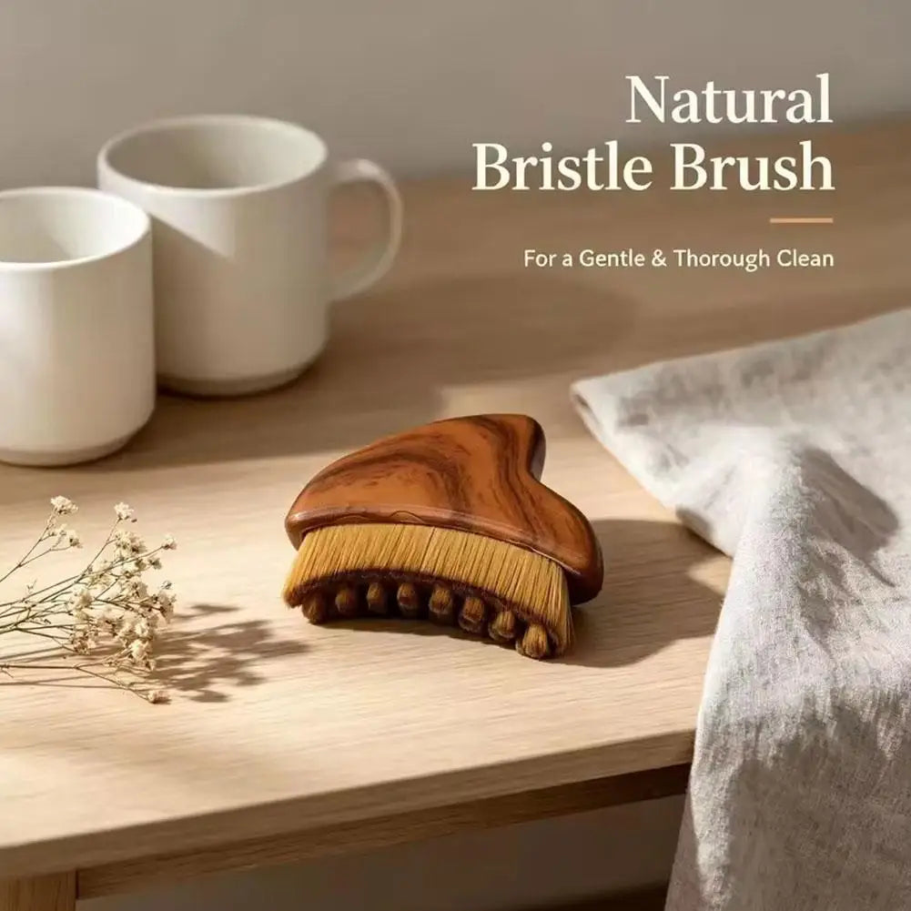 Gua Sha Massage Brush Dual Function with Soft Bristles for Facial Cleansing and Sculpting Wood Grain Handle Compact Travel Size