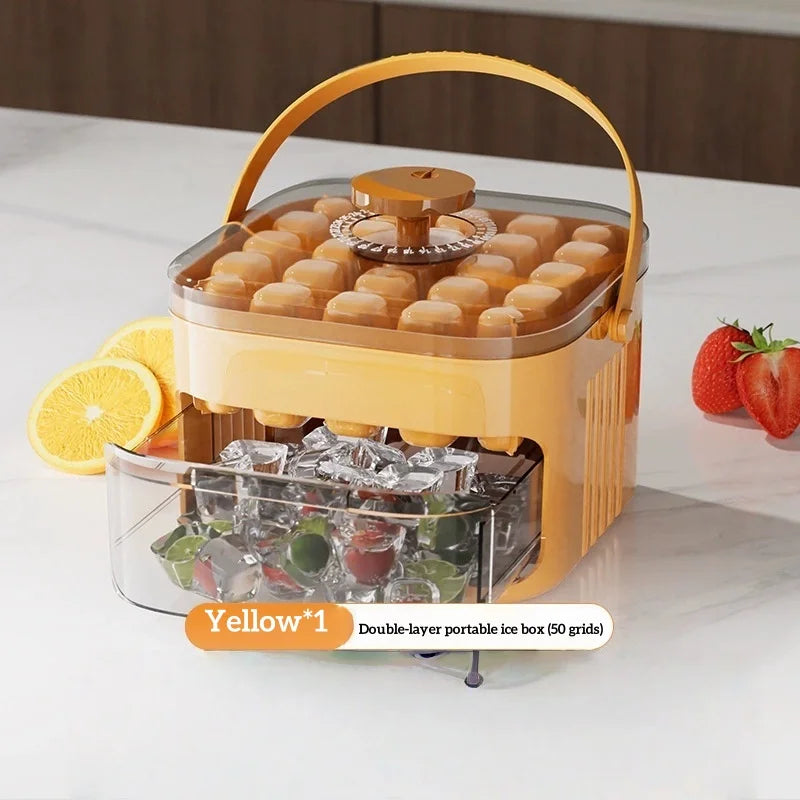 Compact Double Layer Ice Cube Tray with Lid and Bin, Pull-Out Ice Drawer with Portable Handle, Kitchen Accessories, Gadgets