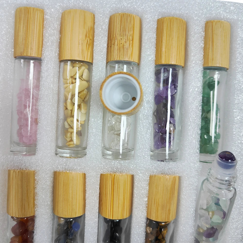 10Pcs 10ml Roll On Bottle Essential Oil Natural Jade Roller Bottles with Crystal Chip Glass Travel Refillable Bottle Containers
