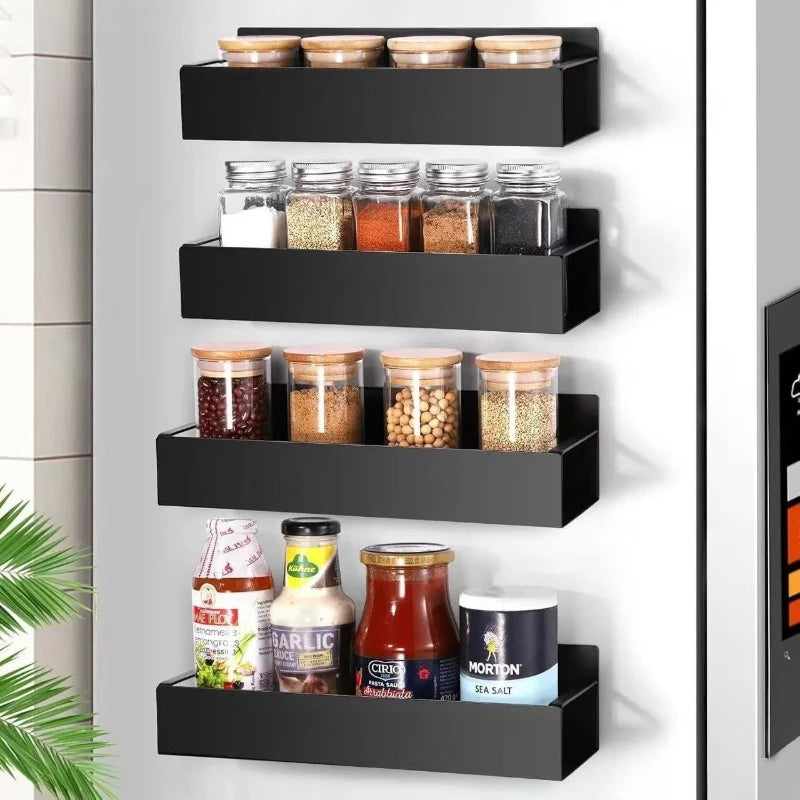 2 Pack Black Magnetic Spice Rack for Refrigerator No Drill Kitchen Fridge Shelf Organizer for Spice Food Black Jar Holder