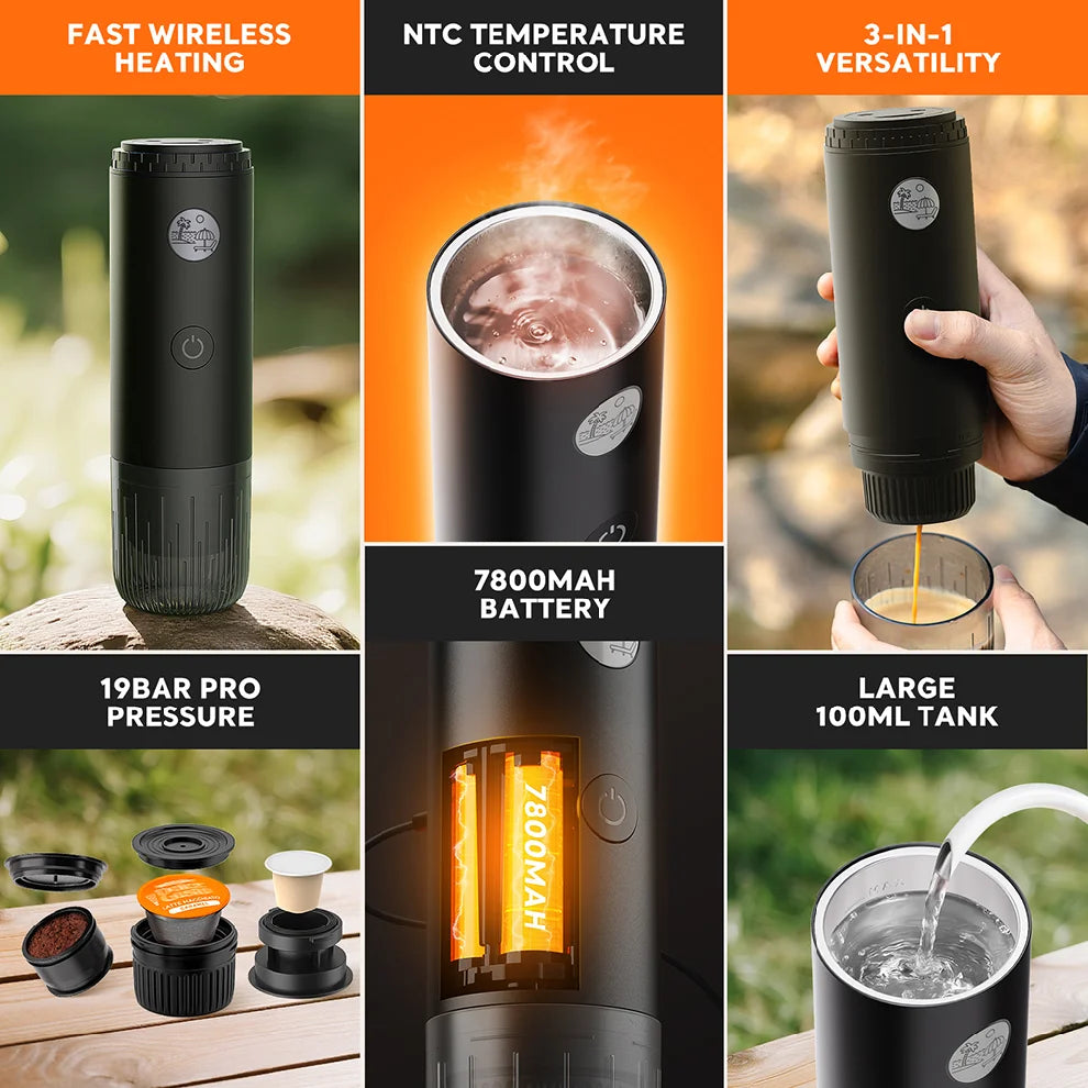 Portable Espresso Machine 3-in-1 Travel Coffee Maker for Camping Hiking Office Self-Heating with USB-C