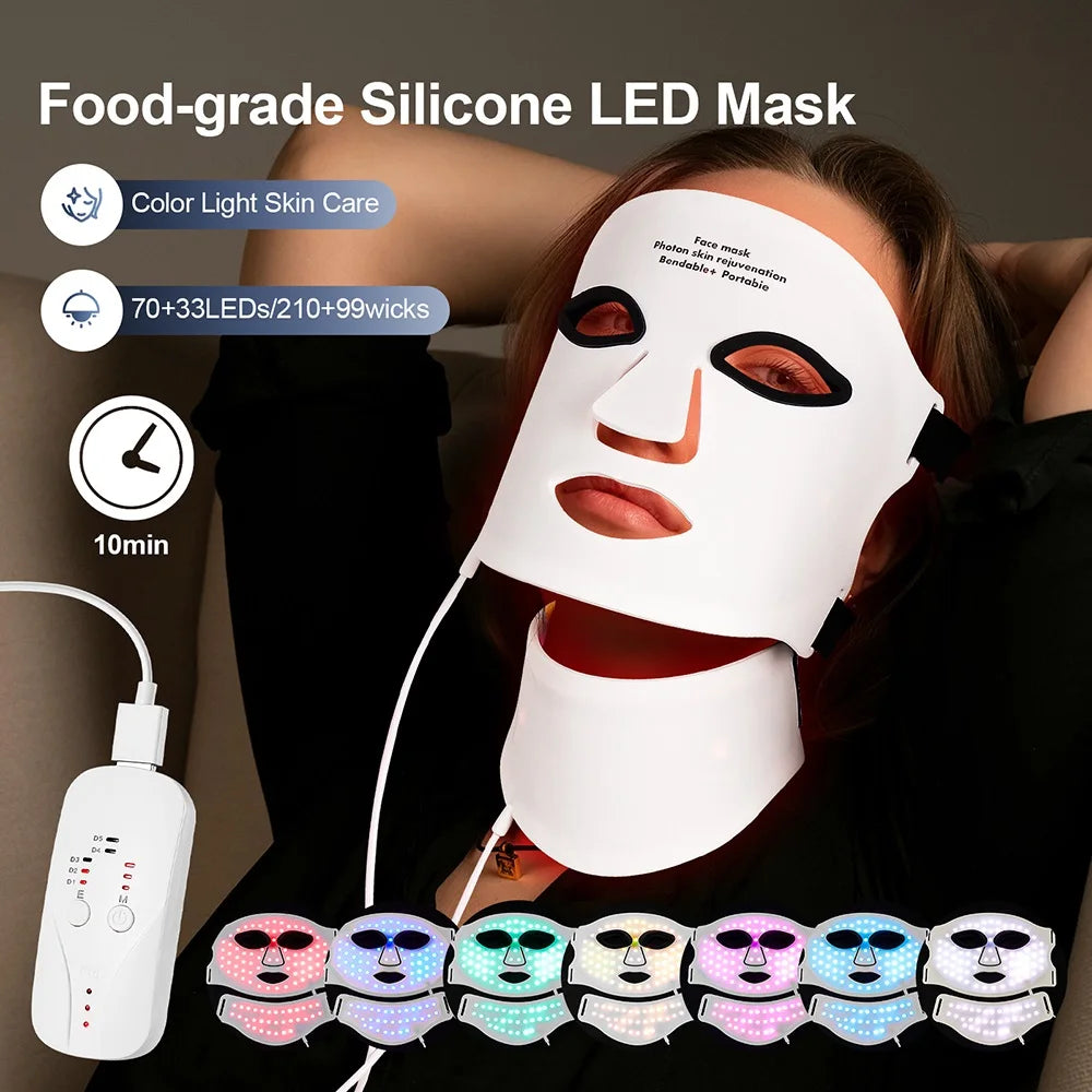 Wireless LED Face Mask with Neck 7 Colors LED Silicone Mask Photon Beauty Mask Skin Tighten Repair Skin Flexible Facial Mask