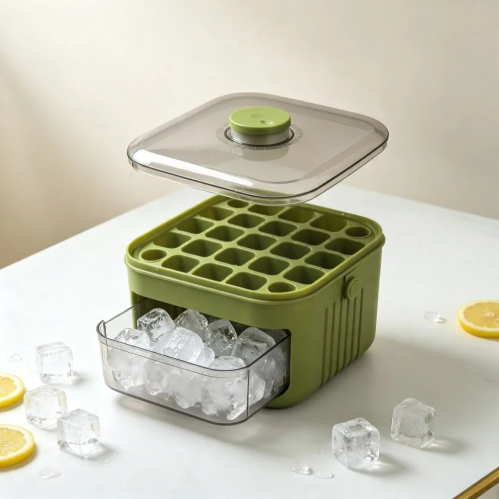 Portable Ice Cube Tray with Lid & Bin Ice Maker Double-layer Ice Cube Tray for Whiskey, Cocktail, Coffee Drinks, Beer