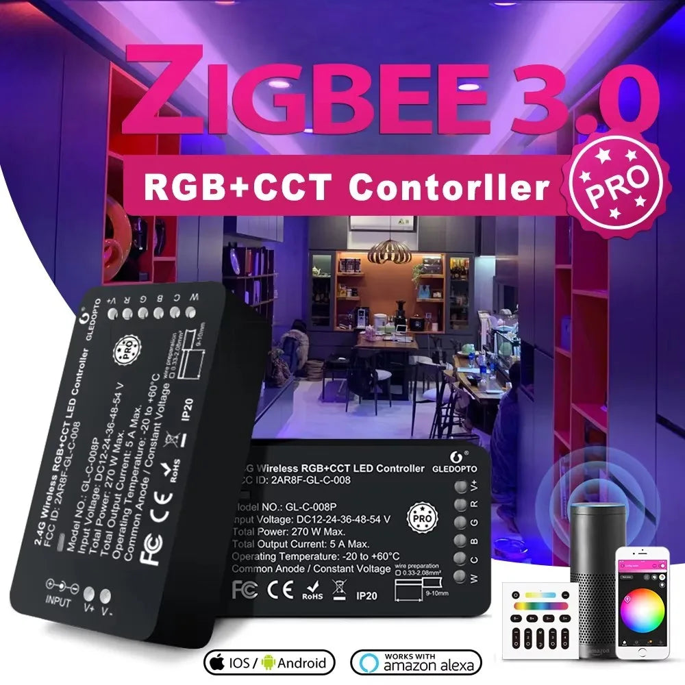 GL-C-006P GLEDOPTO Zigbee 3.0 Smart LED Strip Controller Compatible with Hub Tuya SmartThings App 2.4G RF Remote Control Voice
