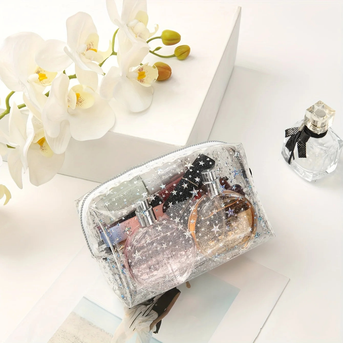 Chic Transparent Star PVC Makeup Bag - Waterproof, Large Capacity, Portable Cosmetic Organizer