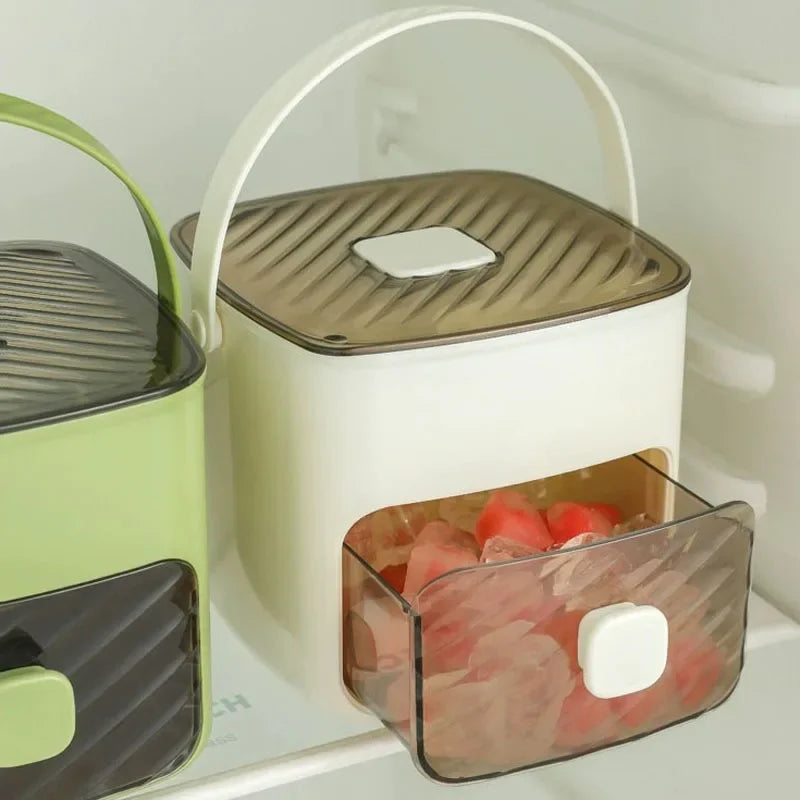 Ice Cube Tray Double Layer with Lid and Bin, Pull-Out Ice Drawer with Portable Handle, Kitchen Accessories Compact