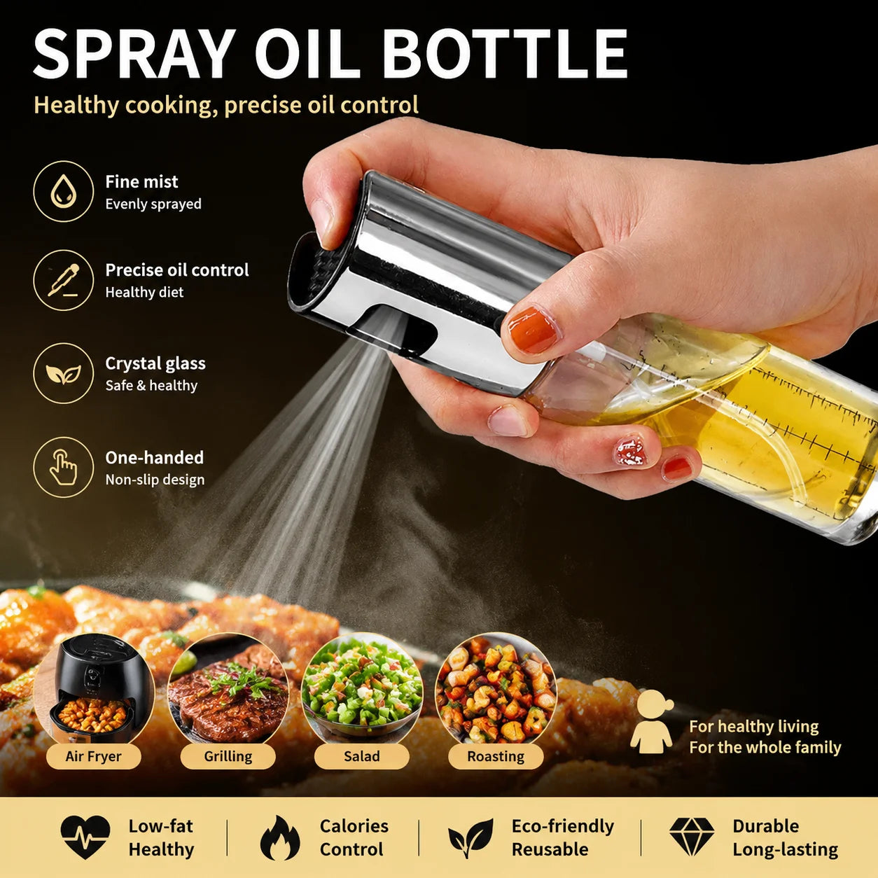 Spray Oil Bottle Glass Oil Sprayer for Air Fryer Kitchen Cooking Olive Oil Dispenser Healthy Diet Low Fat BBQ Salad Cooking Tool