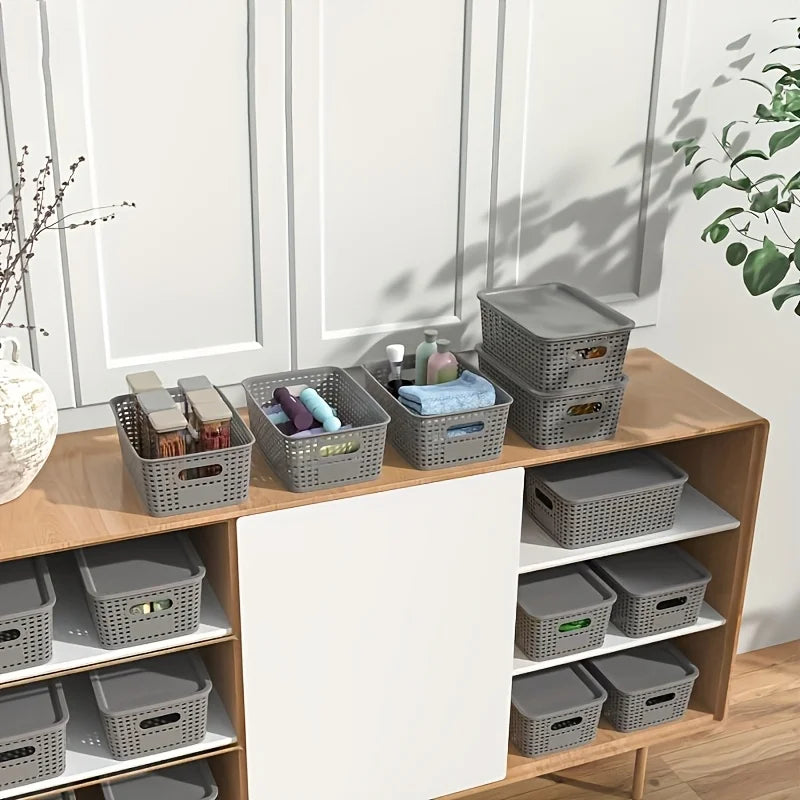 Modern Plastic Storage Baskets with Lid  Stacking, Multi-Purpose for Office Desk Bedroom Classroom Organization Container
