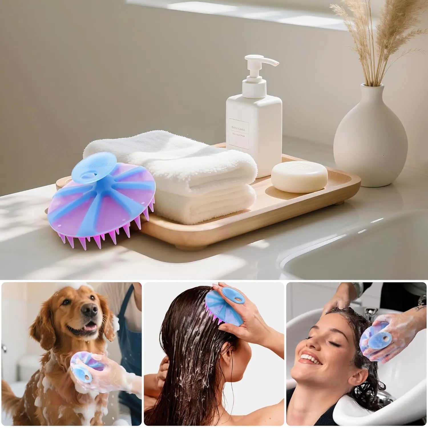 Silicone Scalp Scrubber for Hair Washing – Soft Thick Bristles, Palm-Sized Shampoo Brush for Wet or Dry Scalp Massage, Improves