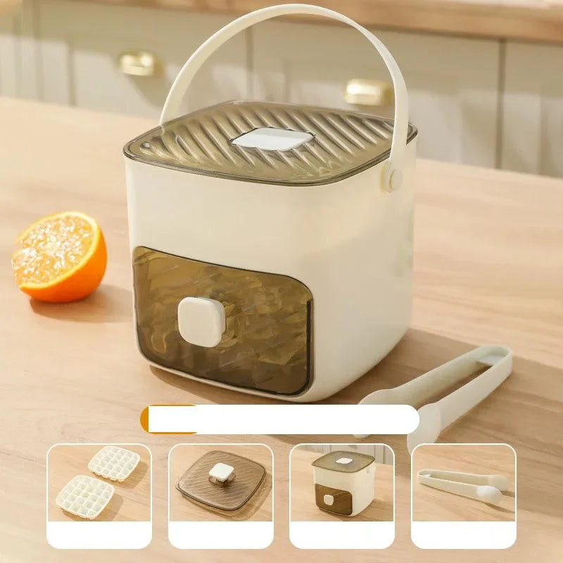 Ice Cube Tray Double Layer with Lid and Bin, Pull-Out Ice Drawer with Portable Handle, Kitchen Accessories Compact