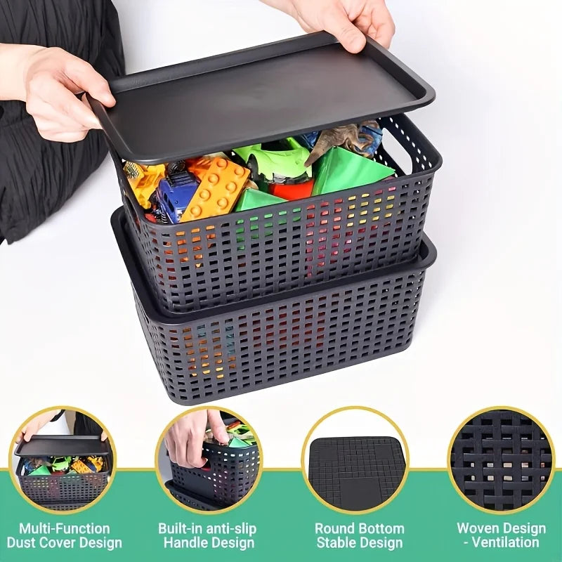 Modern Plastic Storage Baskets with Lid  Stacking, Multi-Purpose for Office Desk Bedroom Classroom Organization Container