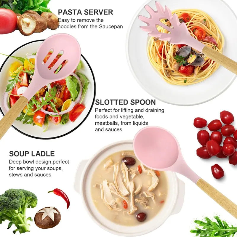 A19F-Silicone Cooking Utensils 12PCS Kitchen Utensil Set, Utensils Spatula Turner Set
