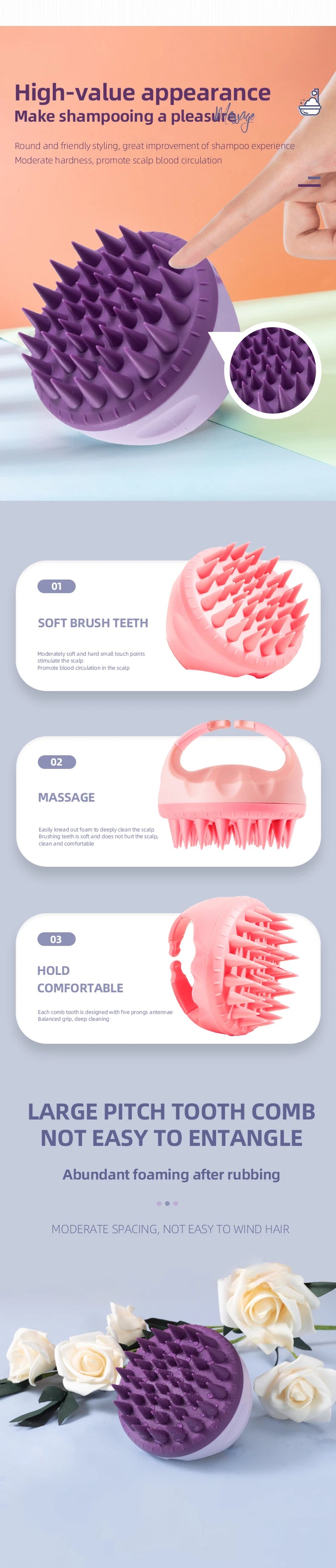 WANMEI Scalp Scrubber, Shampoo, Brush, Massager, Clean Scalp, Comb, Handle, Shampoo Brush, Scalp Exfoliating Brush, Massage Comb