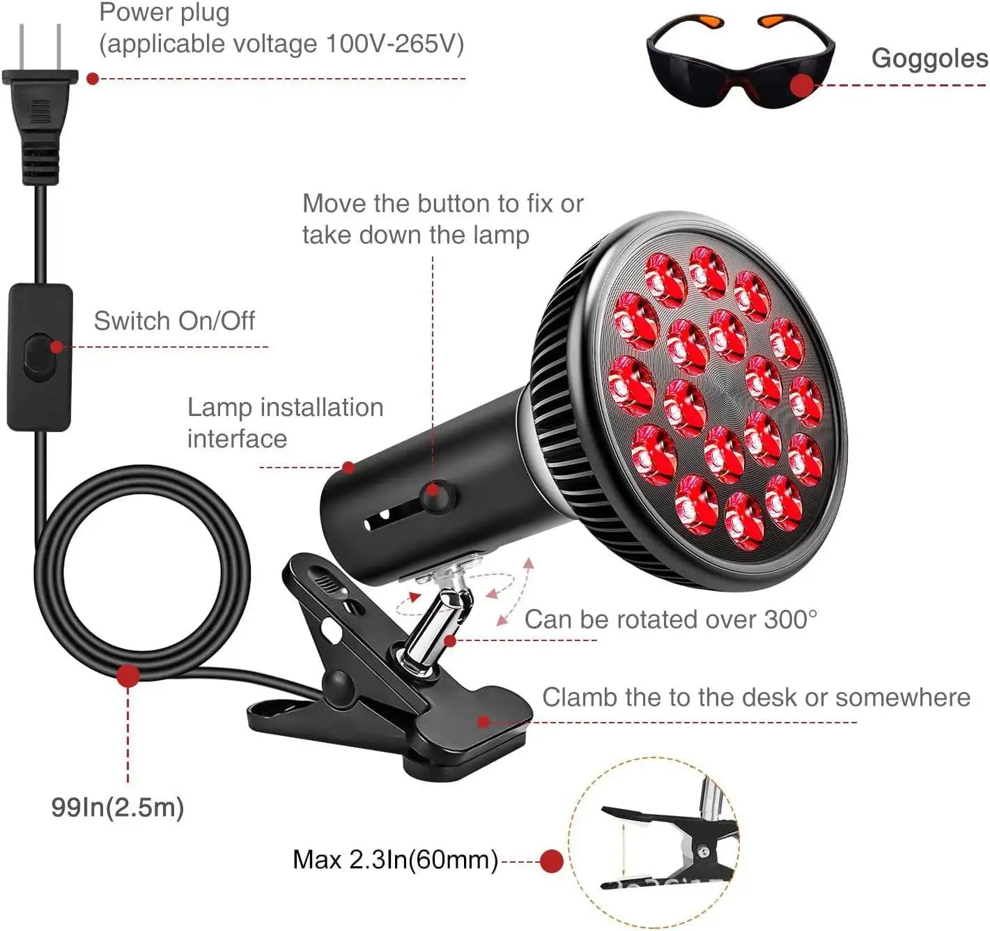 Red Light Therapy Bulb With Lamp Clip LED 660nm Red and 850nm Near Infrared Combo Therapy Device for Skin Care Pain Relief