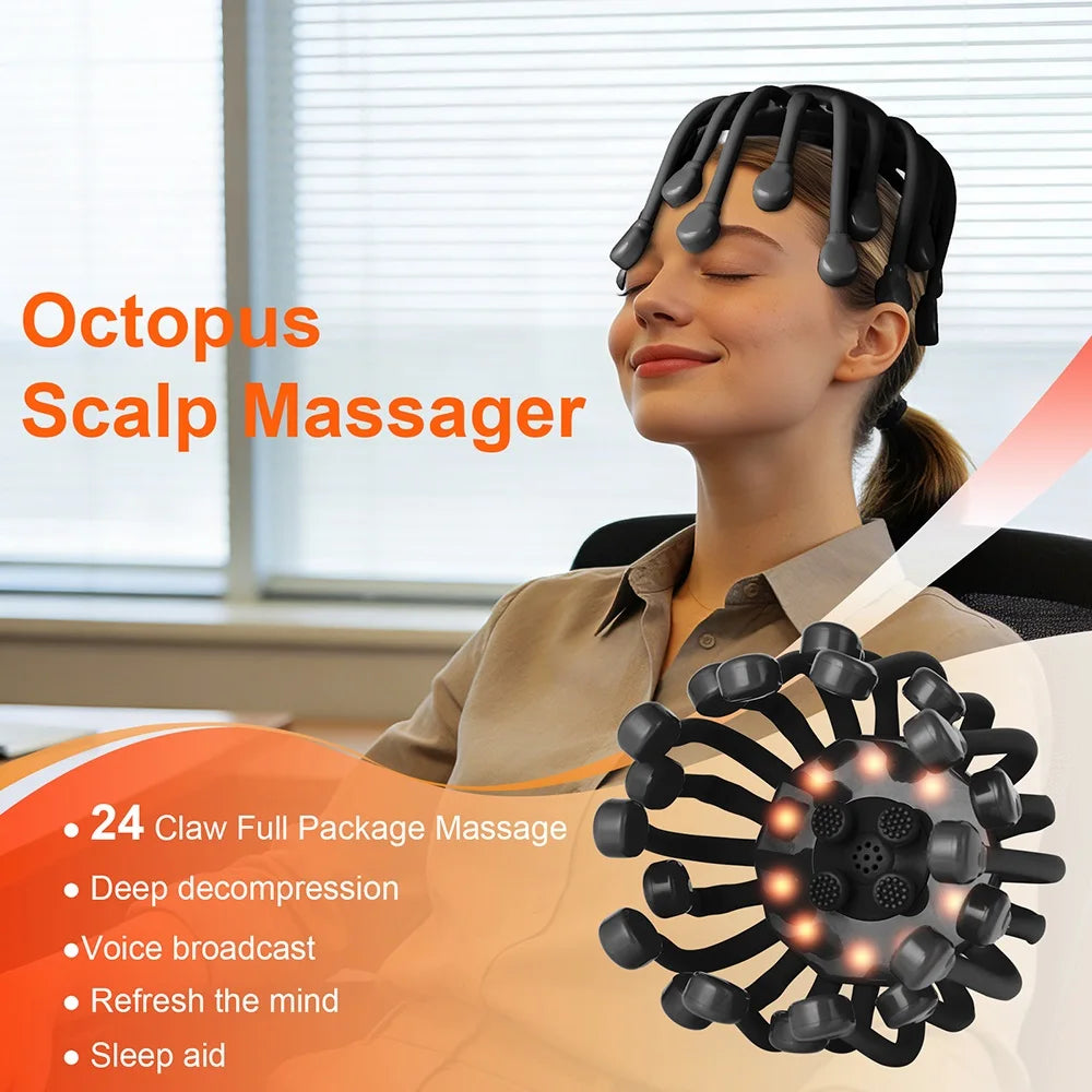 Electric Scalp Massager 24 Heads Octopus Claw Head Massager 24 Point Vibration Massage Scratcher Bluetooth Music Relaxation
