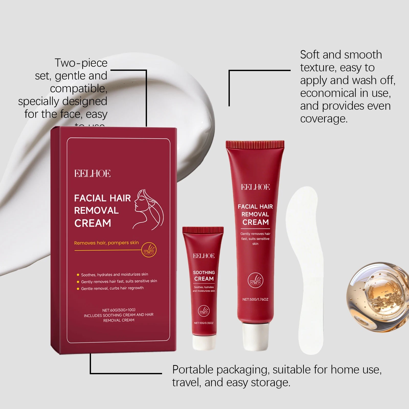 Facial Hair Removal Cream Painless Gentle Hair Remover for Face Non-Irritating Nourishing Formula Smoothing Skin Care Depilatory