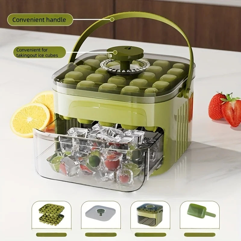 Compact Double Layer Ice Cube Tray with Lid and Bin, Pull-Out Ice Drawer with Portable Handle, Kitchen Accessories, Gadgets