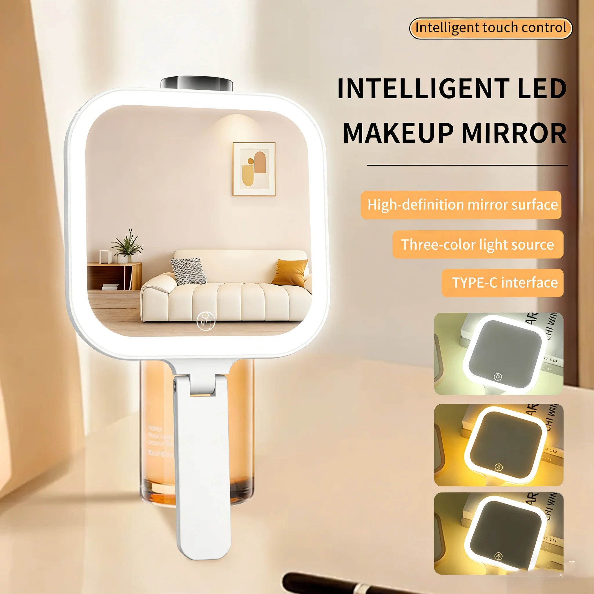3 Color Dimmable LED Makeup Mirror,180° Foldable Touch Control,Rechargeable Portable Vanity Mirror for Handheld,Tabletop&Travel
