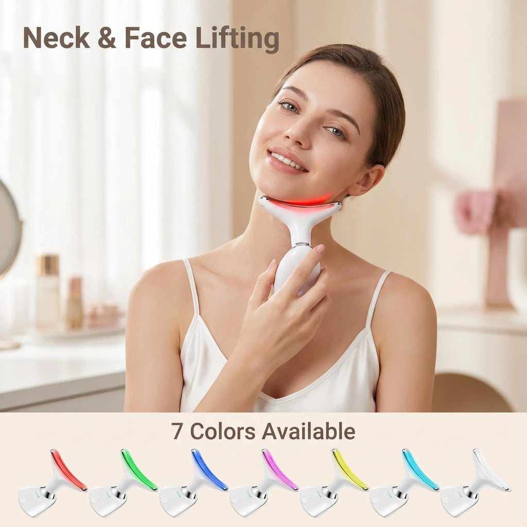 7 Colors LED Light Face Neck Beauty Device with Vibration Massage for Wrinkle Reduction Double Chin Neck Lifting