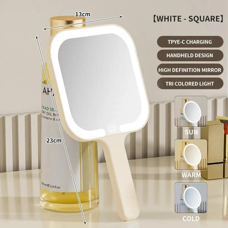 LED Smart Makeup Mirror Hand-held Carry 3 Colors Adjust Bright with Touch Screen Cosmetic Tabletop Vanty Mirror Travel Home Use