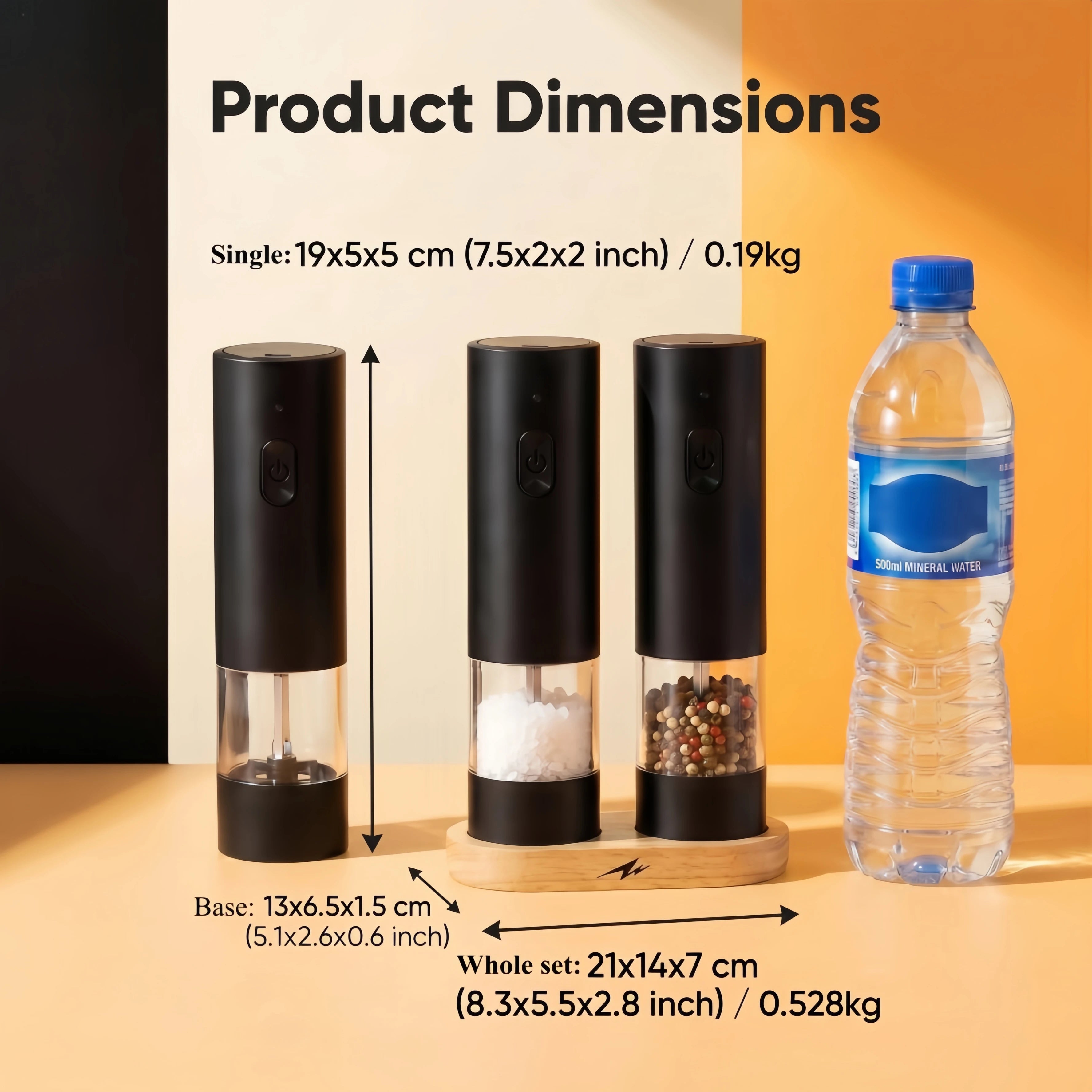 Rechargeable Electric Salt&Pepper Grinder Set with Wood Base, Automatic One‑Hand Operated Spice Mill with Adjustable Coarseness