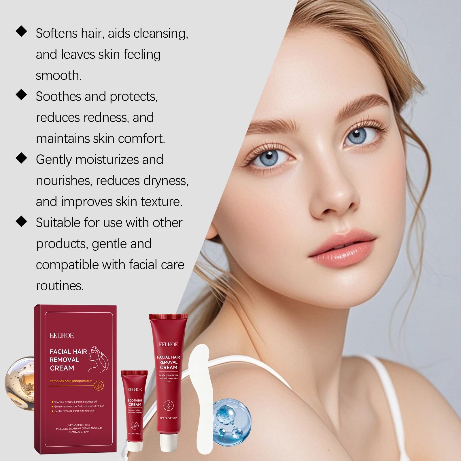 Facial Hair Removal Cream Painless Gentle Hair Remover for Face Non-Irritating Nourishing Formula Smoothing Skin Care Depilatory