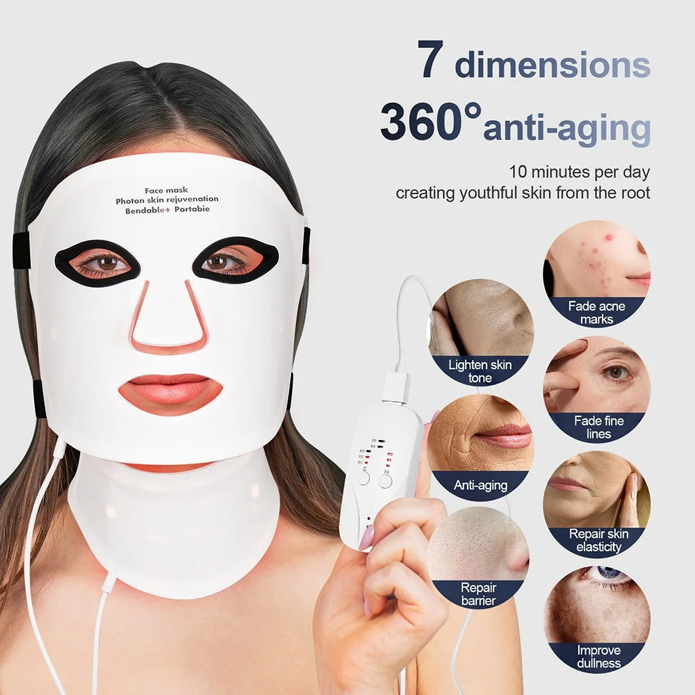 Wireless LED Face Mask with Neck 7 Colors LED Silicone Mask Photon Beauty Mask Skin Tighten Repair Skin Flexible Facial Mask