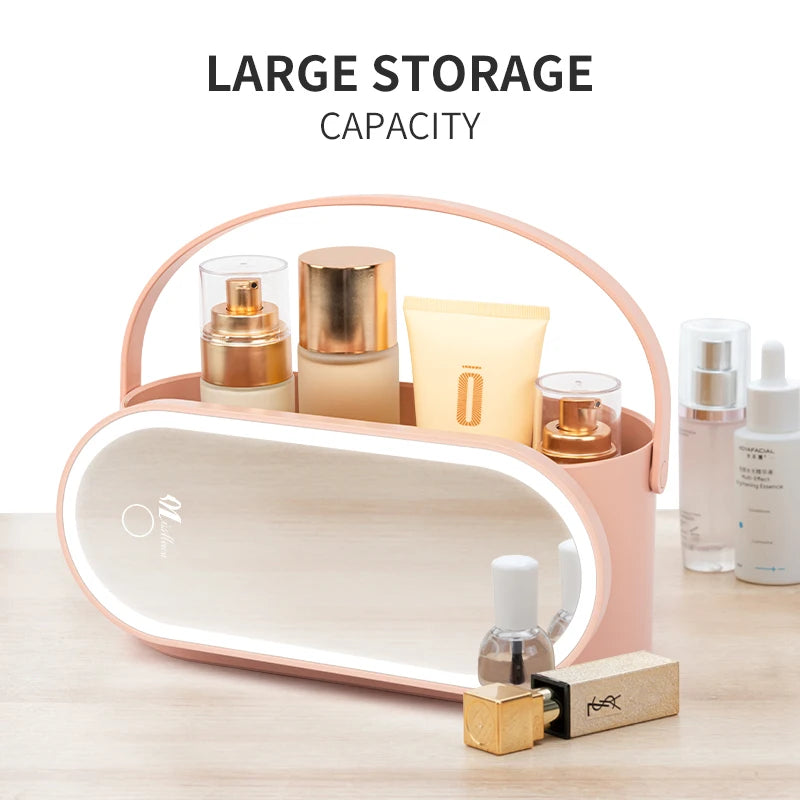 LED Makeup Mirror with Lights Portable Makeup Storage Box Waterproof Cosmetic Organizer Detachable Travel Vanity Mirror