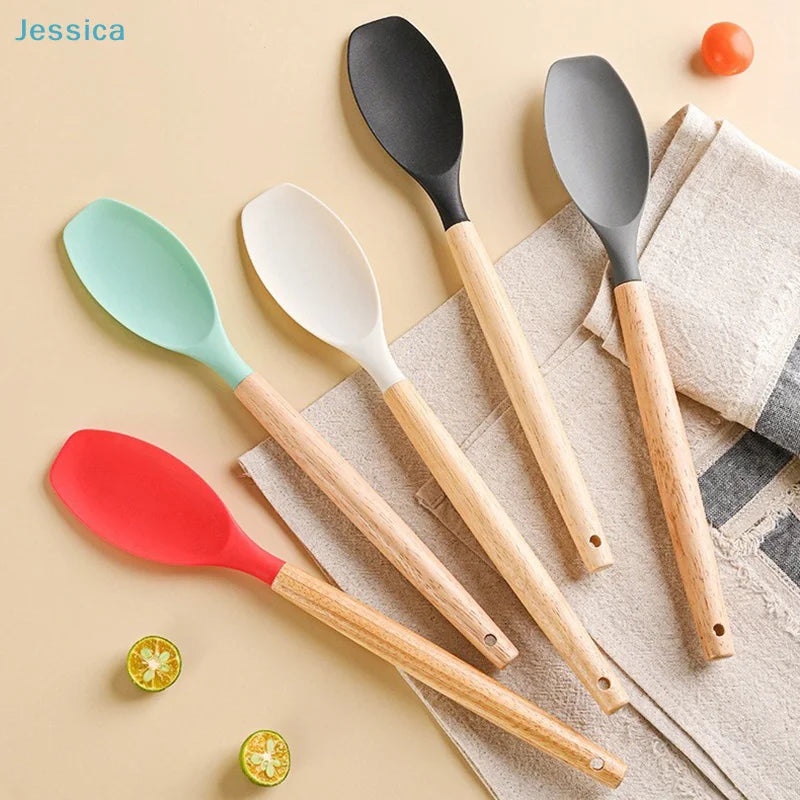 ♥Silicone Cooking Utensils with Wooden Handle – Heat-Resistant Spatula & Spoon for Non-Stick Pans