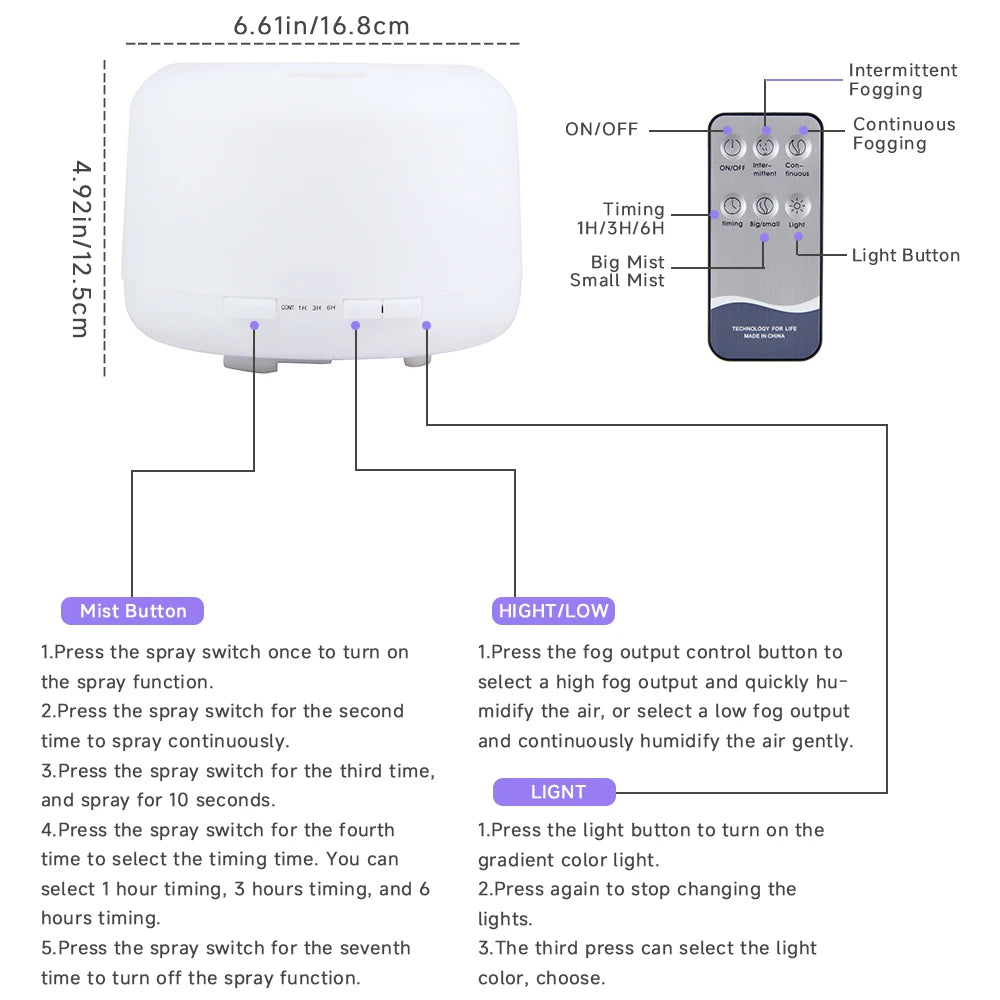 Air Humidifier Essential oil Diffuser 500ML Ultrasonic Cool Mist Maker Fogger USB Humidifier LED Lamp Aroma Diffuser with Light