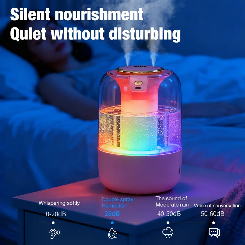 Humidifier with dual spray, large fog output, ambient light, for home, bedroom, dormitory, constant humidity, USB connection