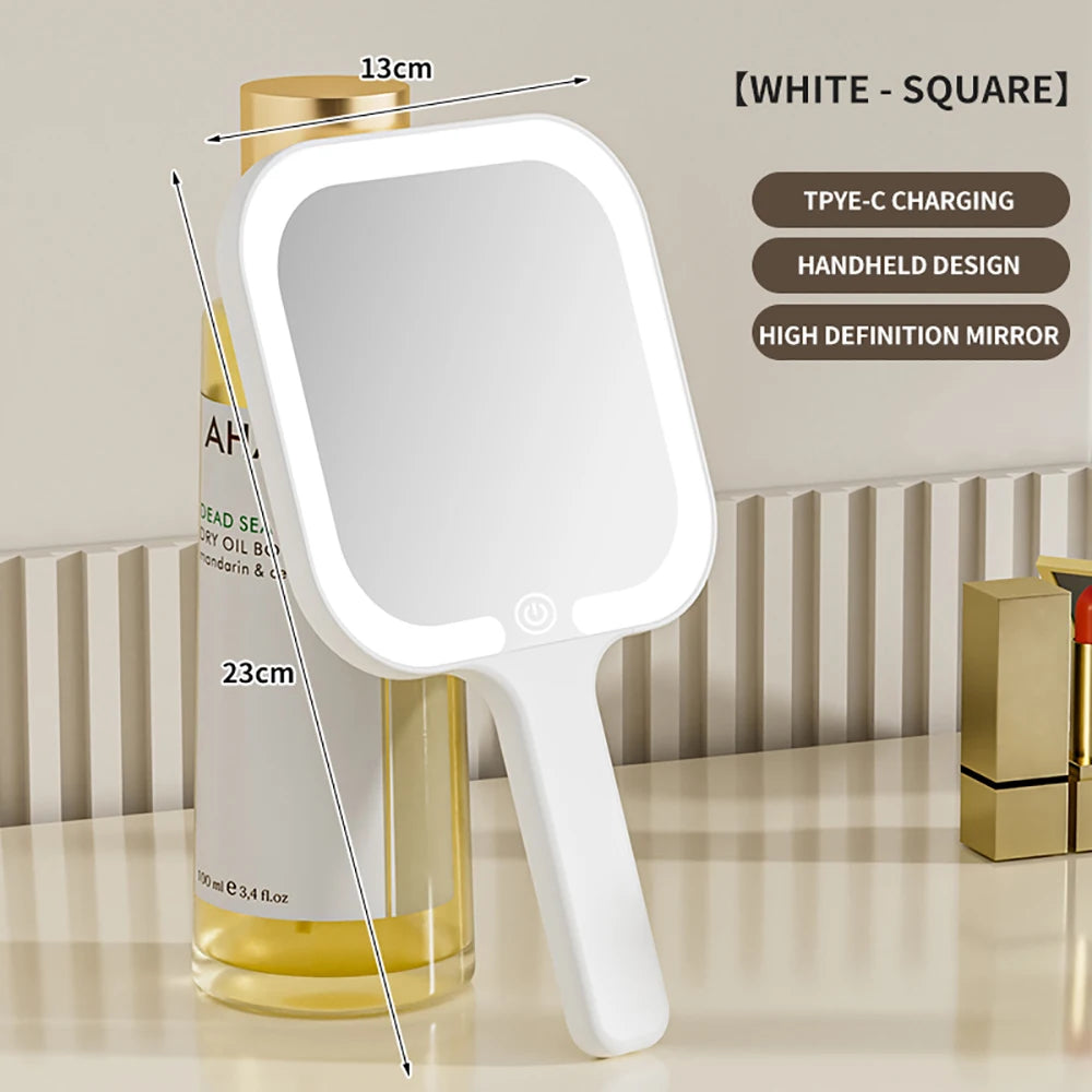 LED Smart Makeup Mirror Hand-held Carry 3 Colors Adjust Bright with Touch Screen Cosmetic Tabletop Vanty Mirror Travel Home Use
