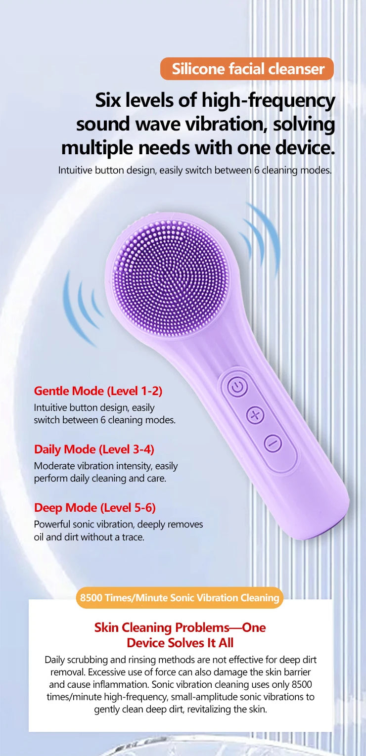 Sonic Waterproof Silicone Facial Cleansing Brush Rechargeable Vibrating Exfoliating Deep Clean Face Cleanser