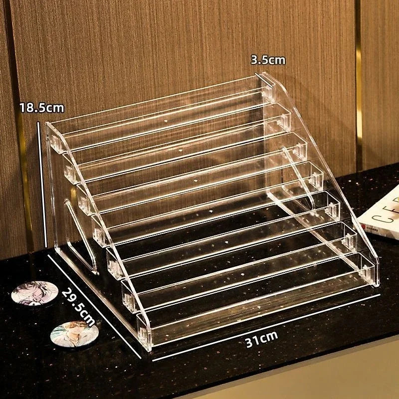 Acrylic Badge Storage Box Display Rack Stepped Display Desktop Storage Organizer for 75MM Badges Standing Signs and Peripherals