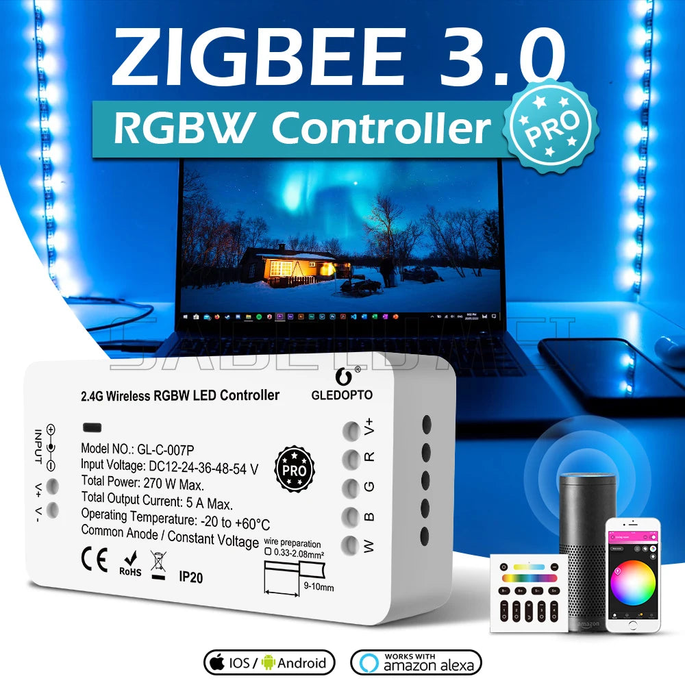 GLEDOPTO Controller RGB+CCT Pro Zigbee 3.0 Smart LED Strip Compatible with Hub Tuya SmartThings App 2.4G RF Remote Control Voice
