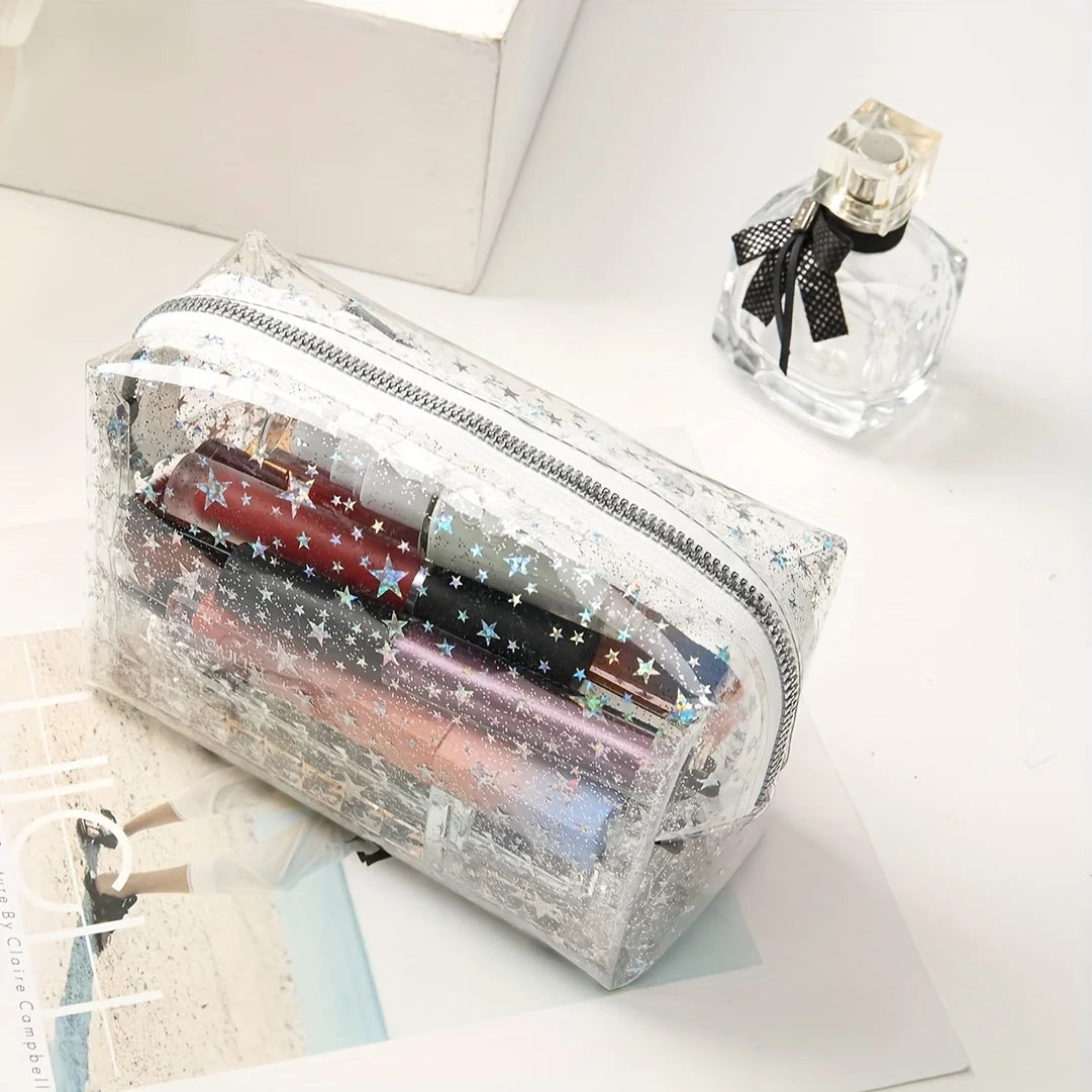 Chic Transparent Star PVC Makeup Bag - Waterproof, Large Capacity, Portable Cosmetic Organizer
