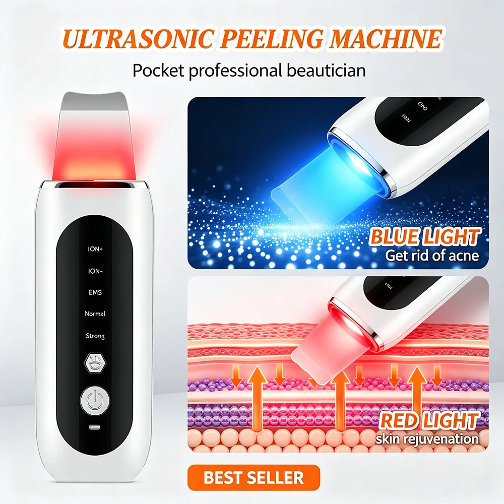 Ultrasonic Skin Scrubber EMS Face Lifting Machine Red Blue Light Blackhead Remover Pore Cleaner Deep Cleansing Facial Spatula