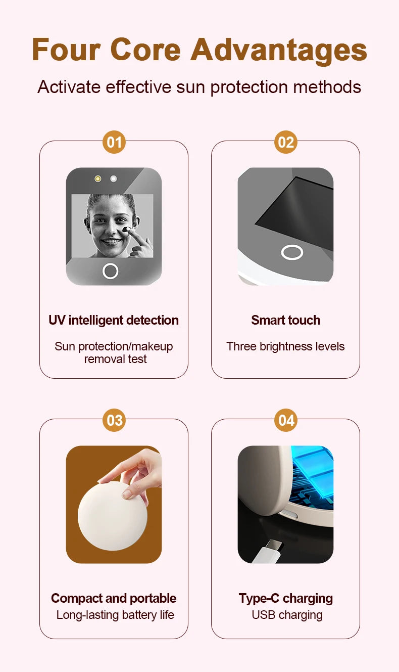 Smart Sunscreen LED Light Portable Makeup Mirror UV Camera Visual Face Sunscreen Makeup Mirrors